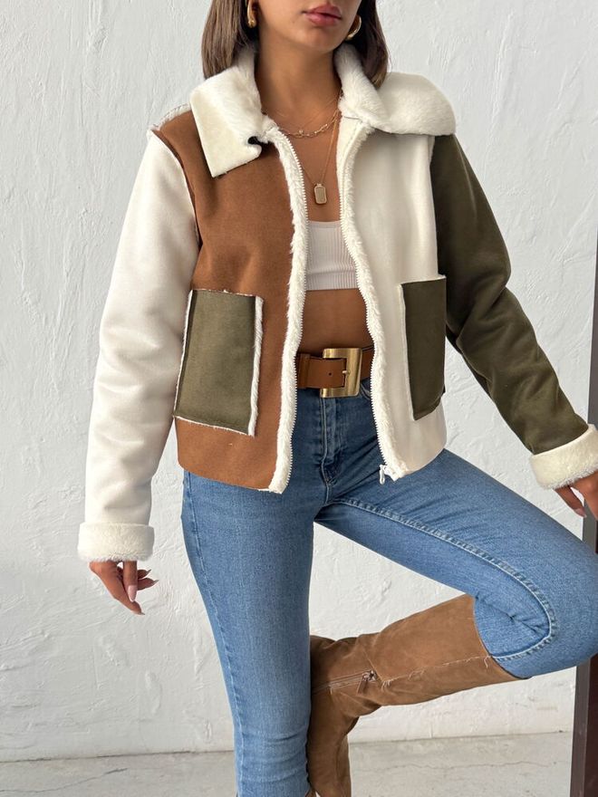 Giacca Donna Color Block con Interno in Pelliccia