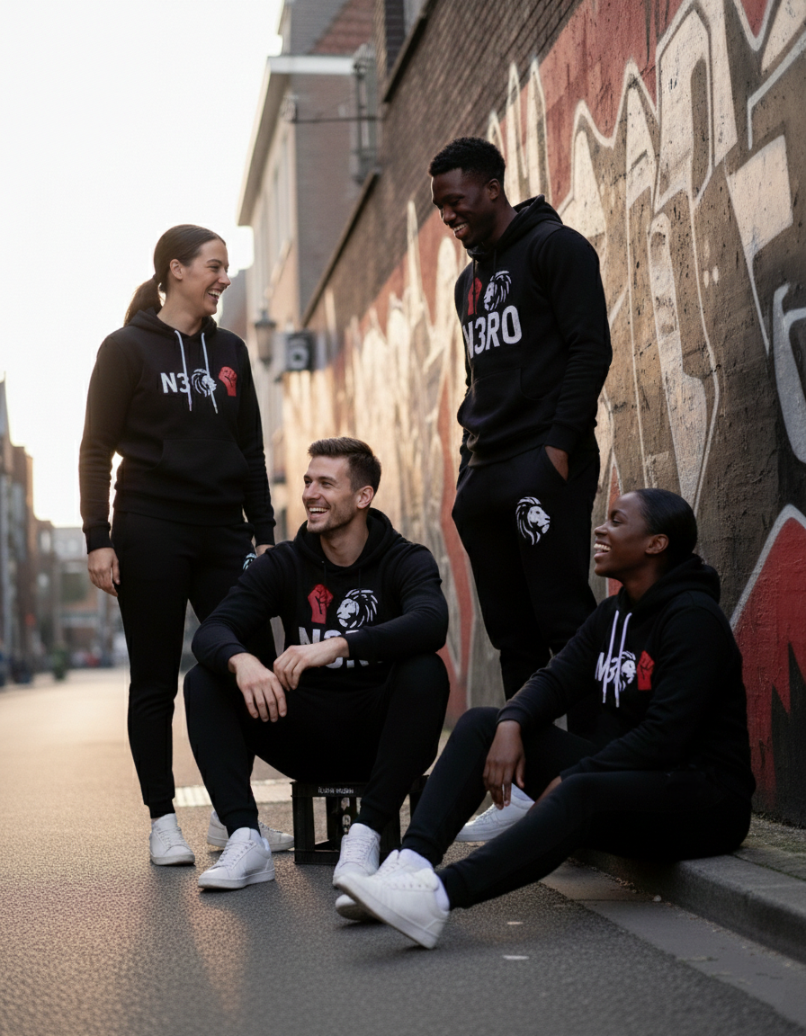 Tuta streetwear nera uomo N3RO – completa sportiva con logo leone