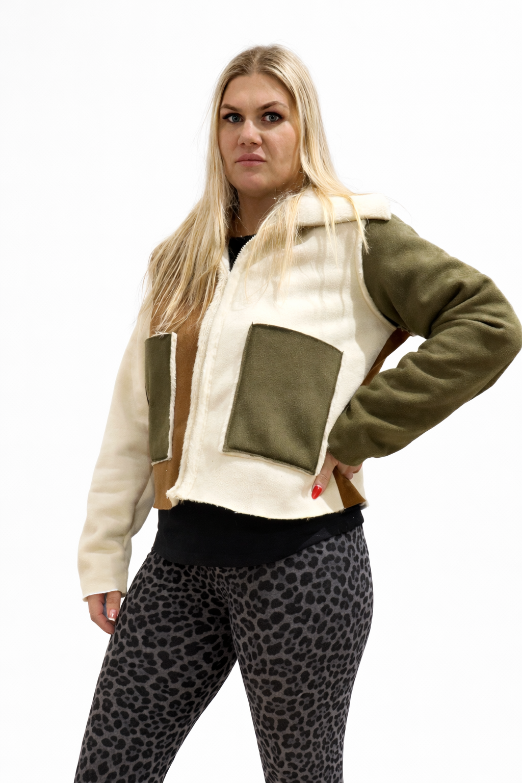 Giacca Donna Color Block con Interno in Pelliccia