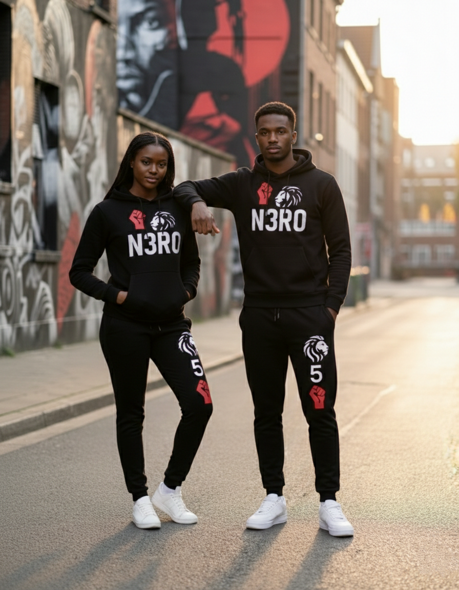 Tuta streetwear nera uomo N3RO – completa sportiva con logo leone