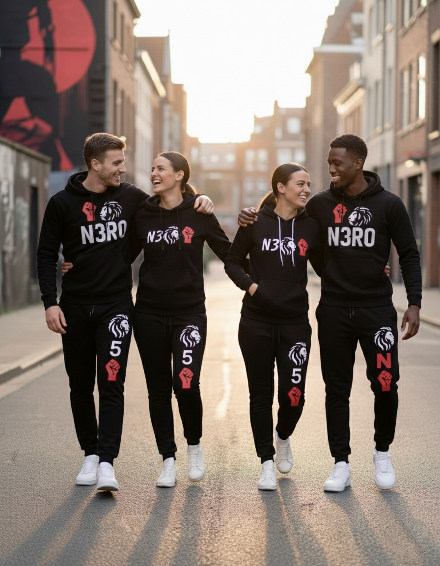 Tuta streetwear nera uomo N3RO – completa sportiva con logo leone